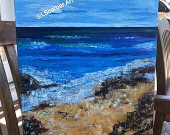 Pebble Beach, 18x24" oil painting, beach scene, splashing waves, rocky shore, sand, sea, ocean, waves, sun, vacation, fun. Beach art