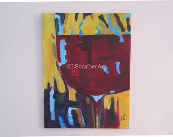 Wine-ish, 12x16, pintura al óleo abstracta, pintada a mano, copa de vino, vino tinto, arte de cocina, arte de pared, rojo, colores mostaza, art deco, chef