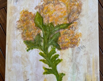 Muted Flower with Mark, 18x24" oil on canvas painting, abstract, original, wall art, hand painted home decor, flower buds, gold, white green