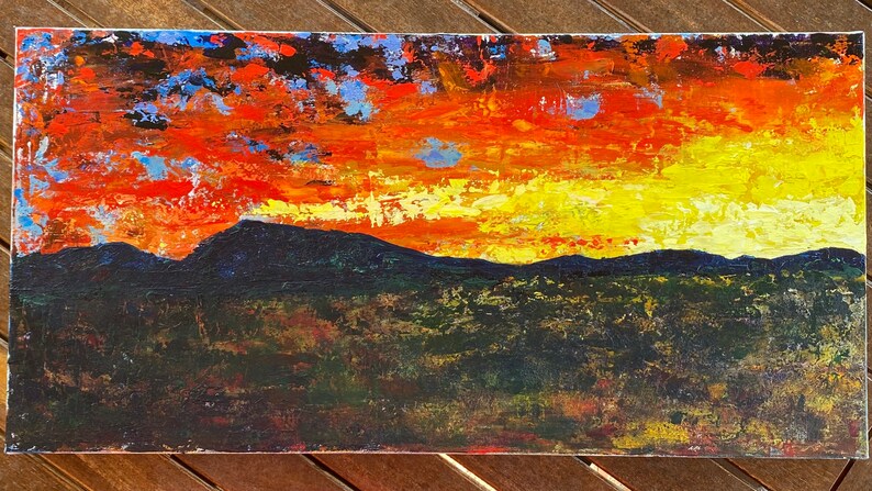 Over the Ridge, Again original acrylic art by LScarberArt 24x12 canvas. Sunset, sunrise. image 3