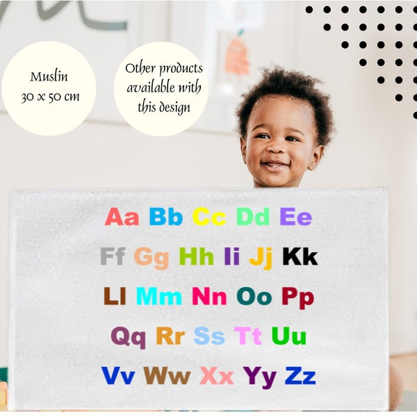 Alphabet Gifts for Preschool Nursery Kids, ABC Cloth with Colourful Letters for Learning, Fun Muslin Cloth for Toddlers, Educational Present
