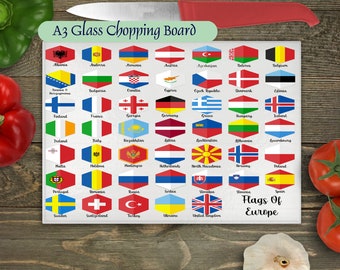 A3 Flags of Europe Glass Chopping Board for the Kitchen, Tempered Cutting Board Worktop Saver, Rainbow New Home Gift for Travelling Couple