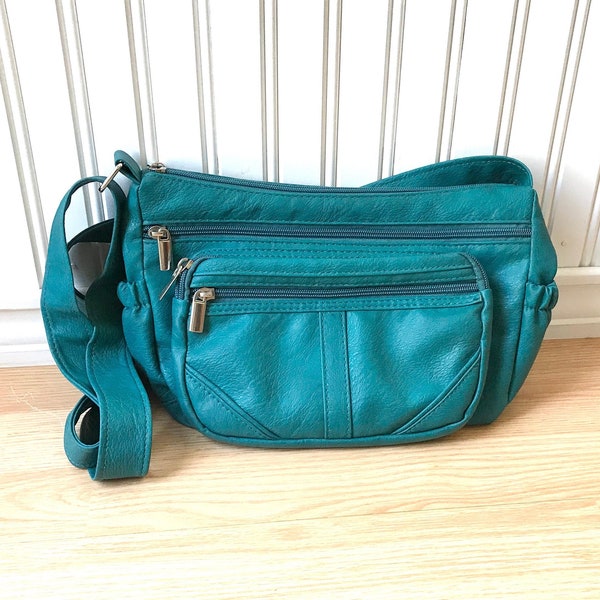 Teal shoulder bag, crossbody bag, straps blue purse, faux leather, vintage