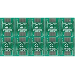 May include: Ten green circuit boards with gold-plated pins and the text "SOP32 0.5mm 0.6" and "Q" with a trademark symbol. The boards also have the text "ELECTRONICS" and "No. 102-050032-060" and "U. 2022.08".