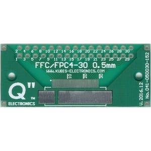 May include: A green circuit board with the text "FFC/FPC4-30 0.5mm" and "WWW.KUBIS-ELECTRONICS.COM". The board has a Q logo with the text "Q" and "ELECTRONICS" below it. The board has a series of numbers from 1 to 30 printed on it.