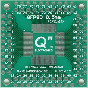 May include: Green circuit board with gold-colored pins and a white logo that says "Q'" with the text "ELECTRONICS" below it. The board is labeled "QFP80 0.5mm +(72,64)" and has a number sequence from 1 to 80 around the perimeter.