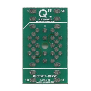 May include: Green circuit board with 20 gold-plated pins, labeled "PLCC20T-DIP20", "V. 2016.09", and "No. 022-020020-030". The board has the text "Q" with "TM" above it and "ELECTRONICS" below it.
