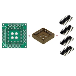 May include: A green circuit board with a PLCC68T label, a brown plastic socket with 40 pins, and four sets of black and gray pin headers.