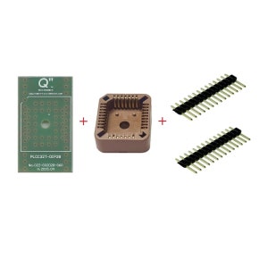 May include: A brown plastic DIP socket with gold-colored pins, two sets of black and gold 28-pin header strips, and a green circuit board with the text "PLCC32T-01P28 No. 022-032028-06D V. 2015.04" printed on it.