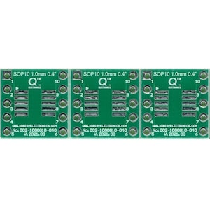 Pode incluir: Três componentes eletrónicos SOP10 verdes com o texto "SOP10 1.0mm 0.4" e "Q Electronics". Cada componente tem 10 pinos numerados e o endereço do site www.kubis-electronics.com.