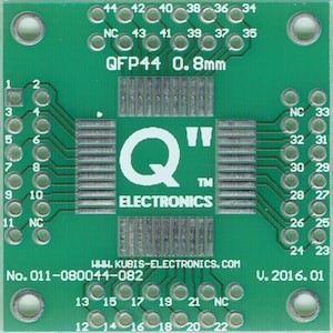 May include: A green QFP44 0.8mm electronics circuit board with the "Q" Electronics logo. The board has numerous numbered connection points and the text "www.kubis-electronics.com" and "V. 2016.01".