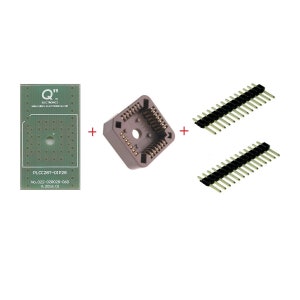 May include: A brown plastic PLCC28T-DIP28 socket with two sets of 28-pin black header strips. The socket is designed to hold a 28-pin integrated circuit.