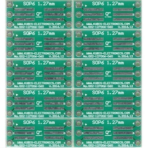 Op de afbeelding: Zes groene printplaten met de tekst "SOP6 1.27mm" en "WWW.KUBIS-ELECTRONICS.COM No. 002-127006-060 V. 2016.12" erop gedrukt.
