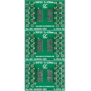 May include: Three green circuit boards with gold-colored connectors. Each board has the text "SOP20 0.635mm 19 20" and "Q" printed on it. The boards are labeled with the number "001-063020-052" and the date "V. 2019.09".