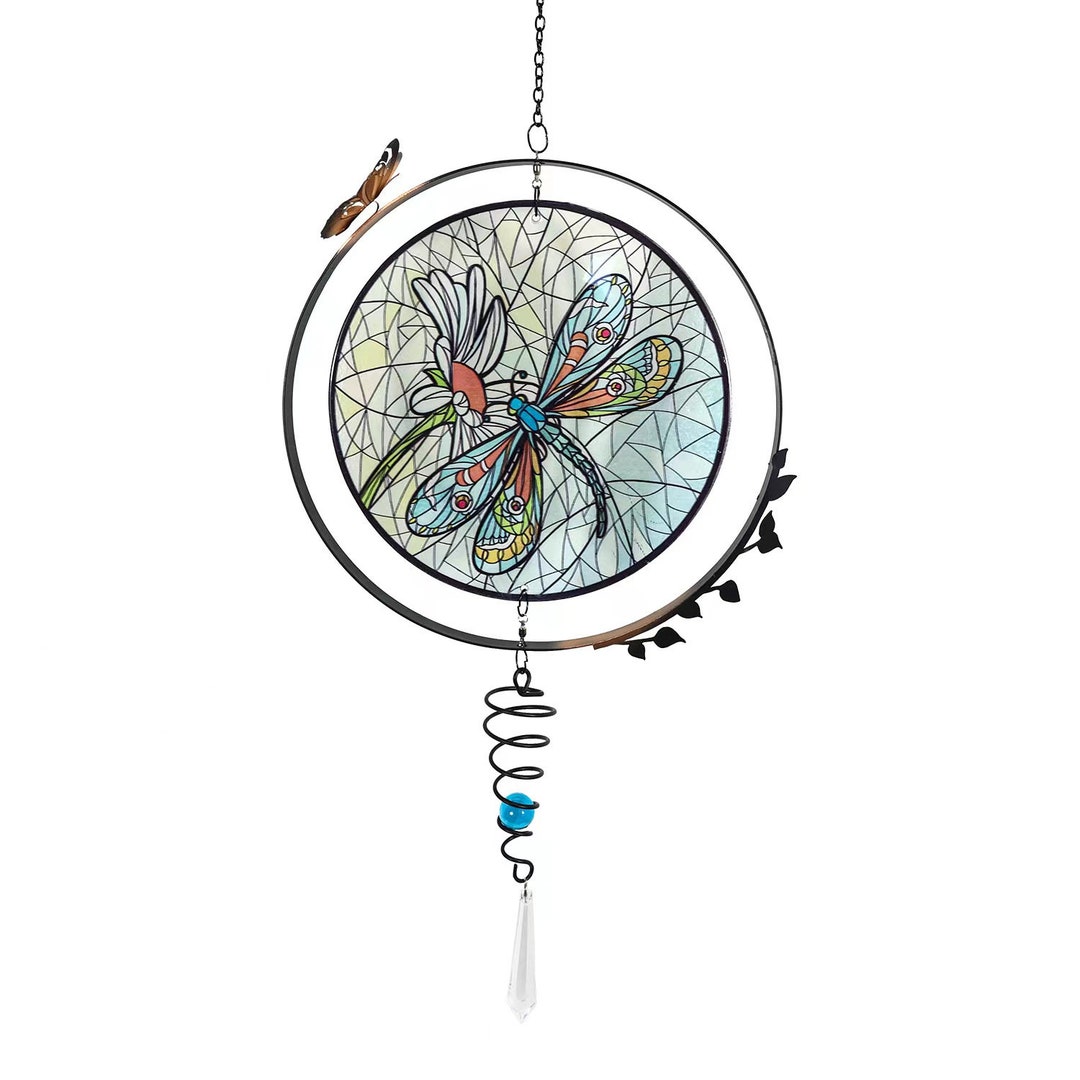 Dragonfly Painted Glass Window Hanging With Metal Butterfly Etsy