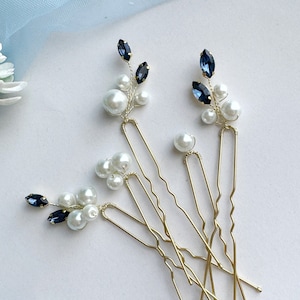Navy blue Pearls Hair Pins Something blue Bridal Hair pins Wedding Hair Accessories Navy blue hair comb Bridesmaids Gift Silver Hair Pins