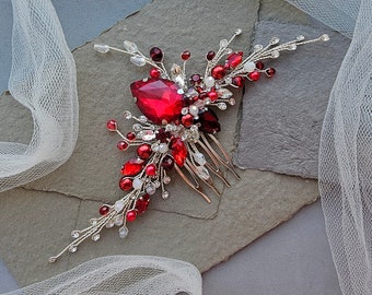 Red Crystal Bridal Hair Comb Gold hair comb Wedding Headpiece Red Bridal Hair Piece Red Hair Accessories Prom Hair Clip Red Bridesmaid Hair