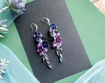 Blue Navy Purple Earrings, Blue Navy Purple Bridal Earrings, Bridesmaids Earrings, Blue Navy Plum Wedding, Flower Blue Navy Drop Earrings