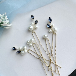 Navy Blue Pearl Hair Pins: Bridal Silver Hair Accessory
