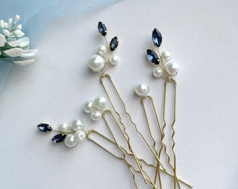 Navy blue Pearls Hair Pins Something blue Bridal Hair pins Wedding Hair Accessories Navy blue hair comb Bridesmaids Gift Silver Hair Pins