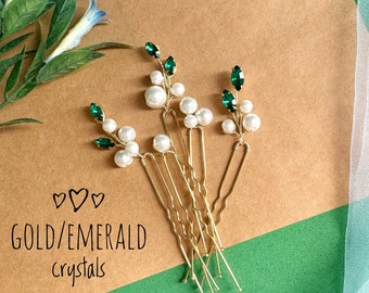 Emerald & Pearl Hair Pins (Set of 5): Bridal Headpiece