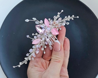 Pink Crystal Hair Comb, Pink Hair Jewelry For Women, Pink Bridesmaid Jewelry, Mother Of The Bride Headpiece, Crystal Hair piece for bride