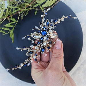 Navy Blue Bridal Hair Comb, Pearl hair comb, Navy Blue Headpiece, Silver Wedding Hair Comb, Sapphire Hair Accessory, Something Blue Jewelry