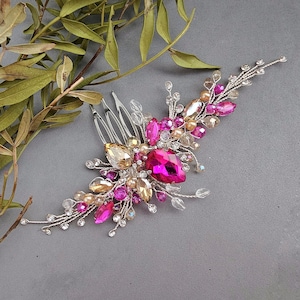 Haarkam fuchsiakleurig ivoor, felroze kristallen bruidshaarstukje, fuchsia haaraccessoire voor bruiloft
