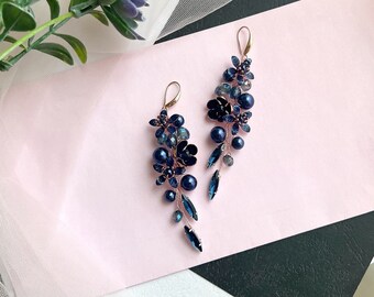 Sapphire Bridal Earrings Floral Drop Earrings Crystal Bridal Earrings Blue Sapphire Wedding Earrings Bridal Jewelry Bridesmaids Earrings