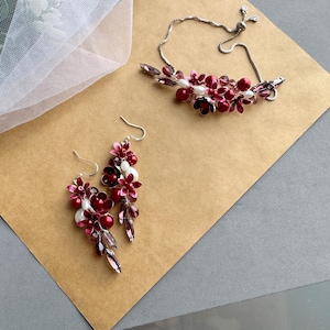 Bridal Earrings with burgundy flowers, Flowers Wedding Earrings, Boho Bridal Earrings, Boho Chic Accessories,Statement Earrings,Bride Gift