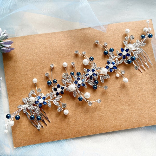 Bridal hair comb Navy blue head piece Rhinestone hair piece Something blue hair comb Crystal hairpiece Sparkle wedding headpiece Bride pin