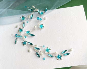 Blue hair vine Turquoise hair piece Aquamarine hair piece Wedding hair accessories Teal hair piece Teal hair vine Bridal hair piece