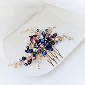 Navy blue with burgundy crystals hair comb, Burgundy wedding hairpiece, Navy blue hair jewelry for bride, Burgundy hair piece