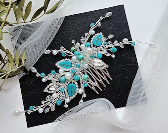 Turquoise hair comb Teal hair pin Aquamarine headpiece Teal hair piece Blue Wedding hair accessories Maritime wedding Teal hair comb