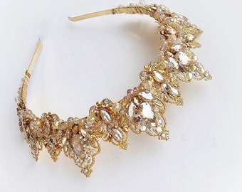 Handgefertigte Gold Kristall Brautkrone: Champagner & Elfenbein Tiara