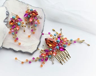 Burnt Orange crystals Hair Comb, Terracotta Tangerine turquoise hair pins, Orange Bridal Hair Accessories, Fuchsia orange Wedding Hair Piece