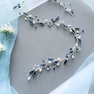 Blue Floral Bridal Hair Vine Wedding Headpiece Bridal hair accessories Wedding Headband Pearl Flower Bridal Hair piece Wedding Hair vine