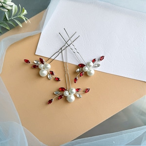 Red Crystal Pearl Hair Pin: Bridal Hair Accessories