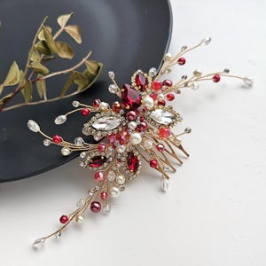 Red Pearl Bridal Hair Comb: Handmade Wedding Hair Piece