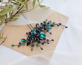 Green@black bridal hair pins/Emerald black hair clip/Prom hair accessories/Emerald hair piece/Bridesmaids hair pins/Green hair accessory