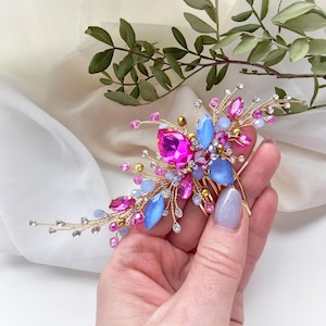 Fuchsiablauwe haarkam, Felroze kristallen bruidshaarstukje, fuchsia bruilofthaaraccessoire