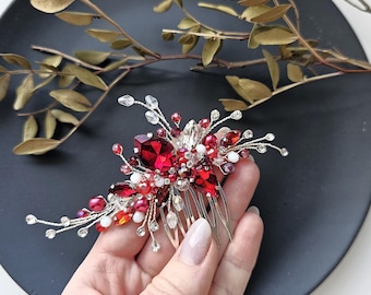 Red & Silver garnet pearl hair pin : Ruby bridal hair piece