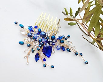 Blue hair comb Blue and gold hair piece something blue hair accessories Bridal hair comb Crystal hair comb Blue headpiece Sapphire hair clip