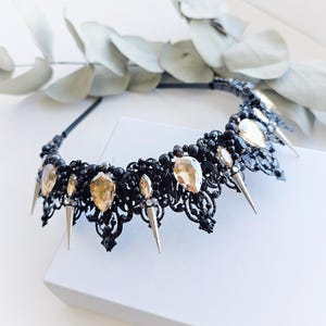 Black Champagne Crystal Crown, Black wedding crown, Gothic wedding crown, Spike crown Black tiara with metal spikes, The Queen&#39;s crown