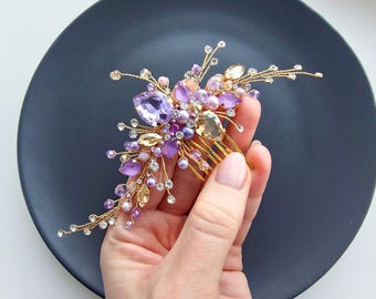 Purple hair comb Lilac Gold hair vine Gold hair piece Amethyst Bridal hair piece Plum Wedding hair piece Bridal headpiece Bridal hair vine