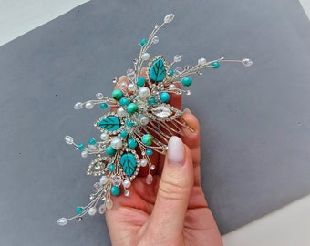 Green turquoise hair comb Blue Bridal hair vine Pearls Wedding hair pieces Simple hair vine Crystal halo Bridal hair vines Crystal headpiece