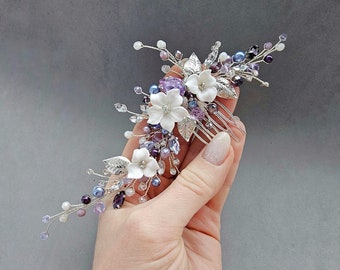 Lilac purple hair comb Floral Bridal Hair Comb Purple hair accessories Purple hair piece Amethyst hair comb Crystal Wedding Comb