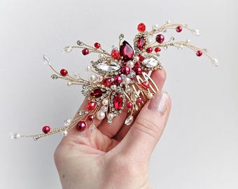 Red & Gold garnet pearl hair pin : Ruby bridal hair piece