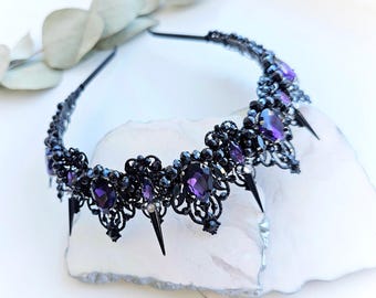 Black purple tiara Gothic purple black wedding crown Amethyst and black wedding crown Gothic wedding headpiece Vampire crown Witchs crown