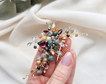Moss agate bridal hair comb Burgundy crystal hair comb Green marsala hair comb Gold Green hair comb wedding hair comb Moss agate hair clip